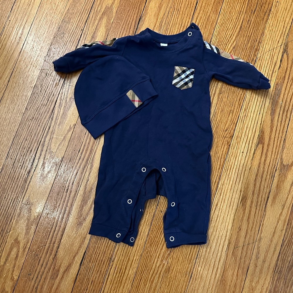 Burberry Navy Blue Kids One Piece with Hat and Matching Bibb